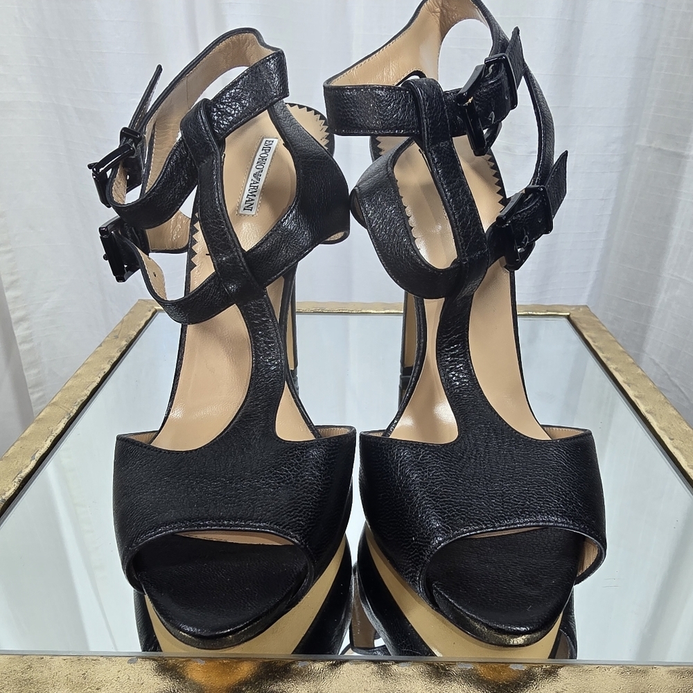 Emporio Armani Black Leather Strappy Heels - Picture 14 of 16